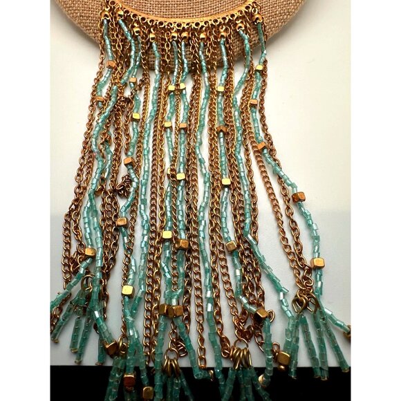 Boho Chic Fringe Bib Necklace Blue Gold Beads Gold Tone Chains Statement - Picture 2 of 9
